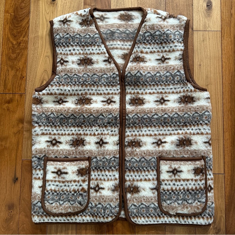 Vintage Pure Wool Pile Vest Fair Isle Cozycore Cabin Chic Size M NOS